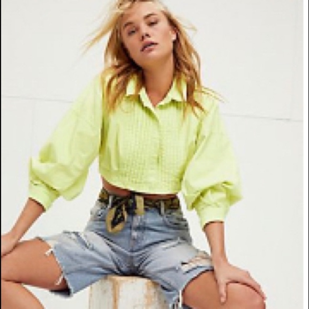 Womens Free People Lime Green Cropped Light Denim Top. Size M.